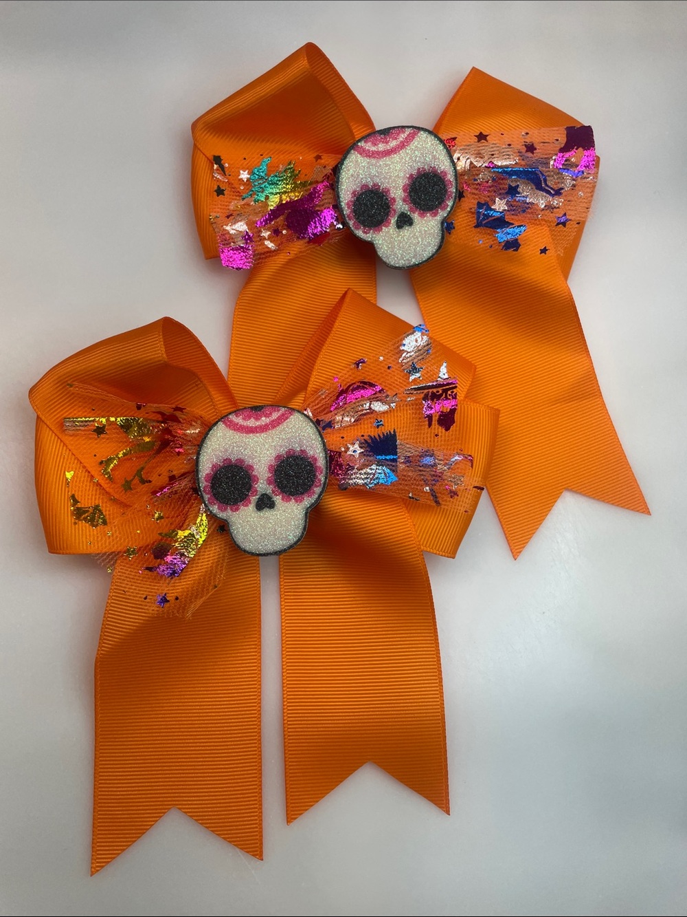 2 Orange Sugar Skull Hair Bows Halloween Day of the Dead